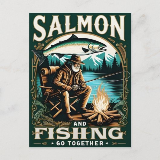 サーモンと魚釣り：湖のそばの日 ポストカード (正面)