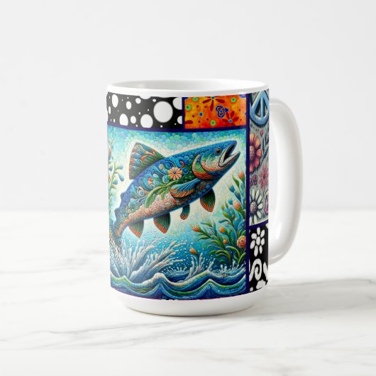 サーモンのクレイジーキルトの花柄の幻想的な色合い コーヒーマグカップ (正面右)