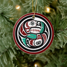 サーモンを追いかける北西太平洋沿岸のカワウソ セラミックオーナメント