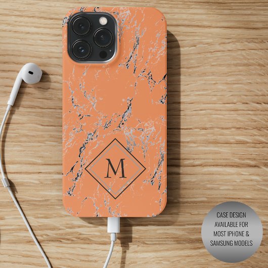 サーモンオレンジの背景にグレーとブラックのマーブル模様 Case-Mate iPhoneケース