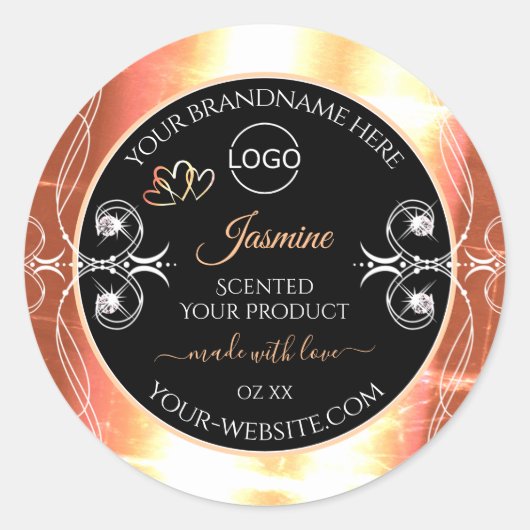 サーモンクリーム製品ラベル宝石ブラックロゴ ラウンドシール (正面)