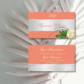 サーモンシルバーデカールかわいいバラフラワーとイニシャル 名刺