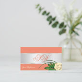 サーモンシルバーデカールかわいいバラ花(モノグラム付) 名刺 (スタンド正面)