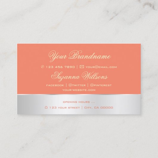 サーモンシルバーデコールゴージャスなバラの花とロゴ 名刺 (裏面)