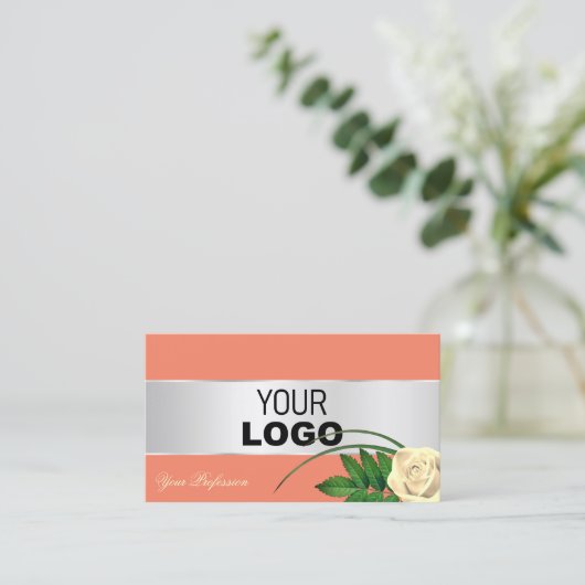 サーモンシルバーデコールバラフラワーロゴと写真を追加 名刺 (スタンド正面)