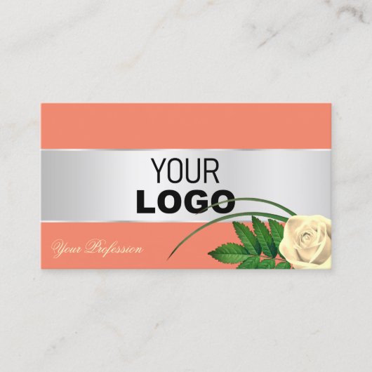 サーモンシルバーデコールバラフラワーロゴと写真を追加 名刺 (正面)