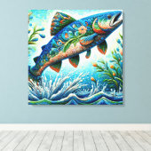 サーモンジャンピングモザイクフローラブルーグリーンピーチ キャンバスプリント (インサイチュ (ウッドフロア))