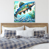 サーモンジャンピングモザイクフローラブルーグリーンピーチ キャンバスプリント (インサイチュ (寝室))