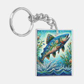 サーモンジャンピングモザイクフローラブルーグリーンピーチ キーホルダー (正面左)