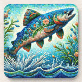 サーモンジャンピングモザイクフローラブルーグリーンピーチ コースター (正面)