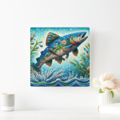 サーモンジャンピングモザイクフローラブルーグリーンピーチ スクエア壁時計 (ホーム)