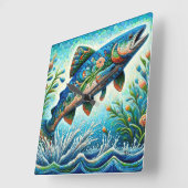 サーモンジャンピングモザイクフローラブルーグリーンピーチ スクエア壁時計 (傾斜)