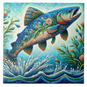 サーモンジャンピングモザイクフローラブルーグリーンピーチ タイル (正面)