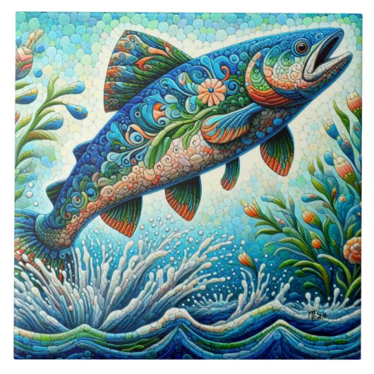 サーモンジャンピングモザイクフローラブルーグリーンピーチ タイル (正面)