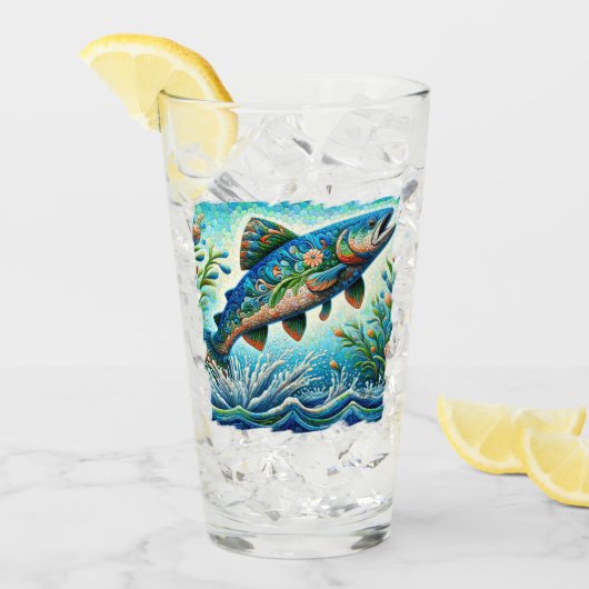 サーモンジャンピングモザイクフローラブルーグリーンピーチ タンブラーグラス (アイス正面)