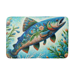 サーモンジャンピングモザイクフローラブルーグリーンピーチ バスマット