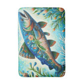 サーモンジャンピングモザイクフローラブルーグリーンピーチ バスマット (正面縦)