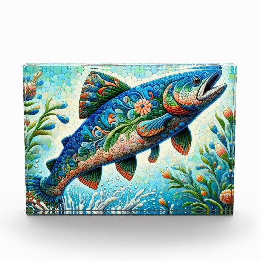 サーモンジャンピングモザイクフローラブルーグリーンピーチ フォトブロック (正面)