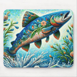 サーモンジャンピングモザイクフローラブルーグリーンピーチ マウスパッド