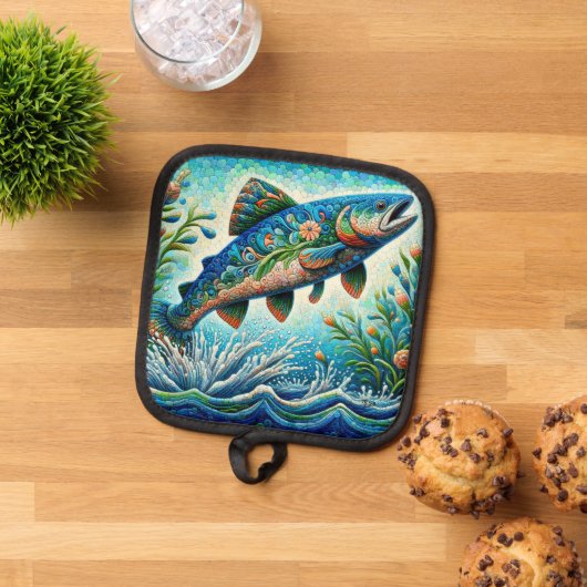 サーモンジャンピングモザイクフローラブルーグリーンピーチ 鍋敷き (トップダウン)