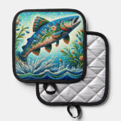 サーモンジャンピングモザイクフローラブルーグリーンピーチ 鍋敷き (正面/裏面)