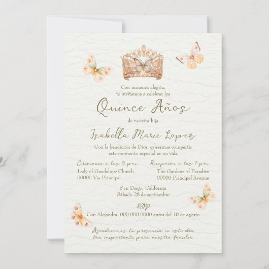 サーモンスペインのピンクドレス蝶キンチェニェラ 招待状 (裏面)