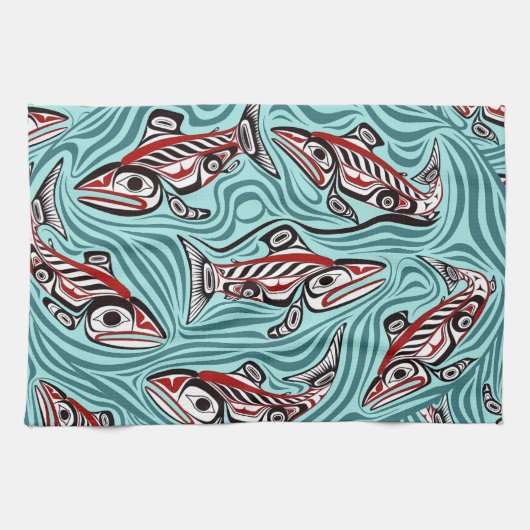 サーモンハイダアートスピリットパシフィックノースウエスト先住民 キッチンタオル (横)