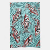 サーモンハイダアートスピリットパシフィックノースウエスト先住民 キッチンタオル (縦)