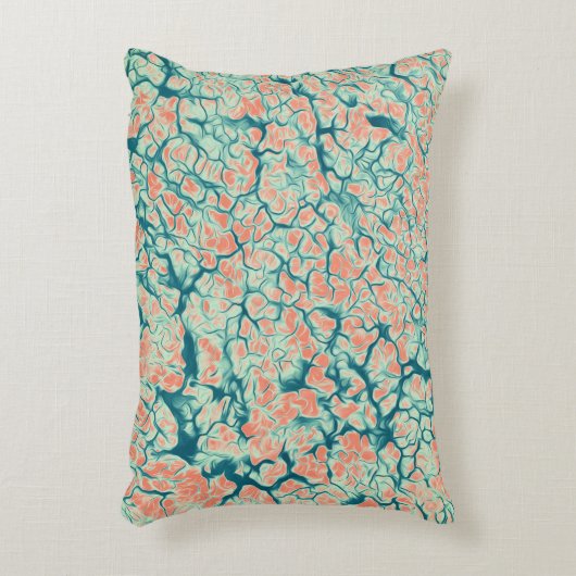 サーモンピンクとティール(緑がかった色)ブルー抽象芸術自然パターン アクセントクッション (正面(垂直))