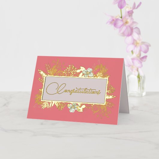 サーモンピンクと金ゴールド結婚フローラ 箔グリーティングカード (蘭)