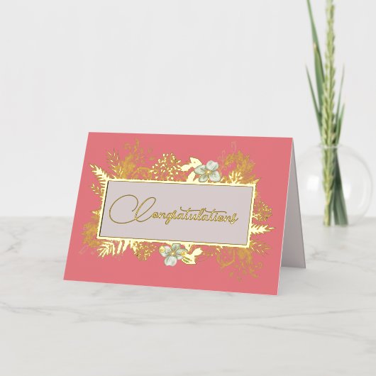 サーモンピンクと金ゴールド結婚フローラ 箔グリーティングカード (正面)