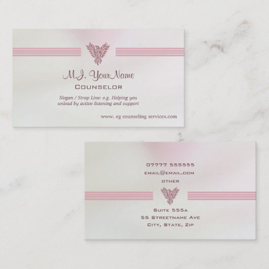 サーモンピンクのサテン一見のカウンセラー 名刺 (正面/裏面)