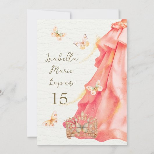 サーモンピンクのドレスの蝶キンセエレガントーニラ 招待状 (正面)