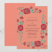 サーモンピンクのバラの結婚式 招待状 (正面/裏面)