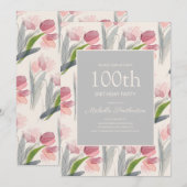 サーモンピンクの水彩花 チューリップ 100歳の誕生日 招待状 (正面/裏面)