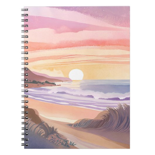 サーモンピンクの海の夕焼け | ビーチの水彩画 ノートブック (正面)