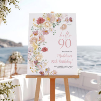 サーモンピンクの花の90歳の誕生日ウェルカムボード ポスター