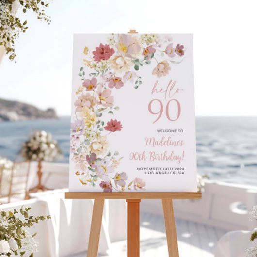 サーモンピンクの花の90歳の誕生日ウェルカムボード ポスター