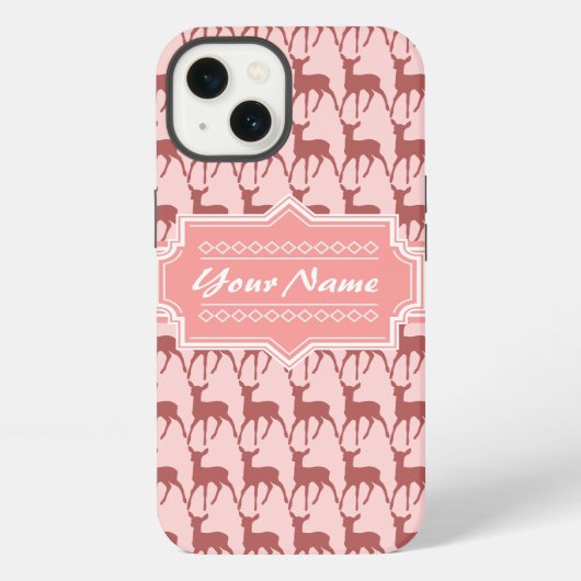 サーモンピンクの鹿のデザイン 名前入りN2 iPhoneケース (裏面)