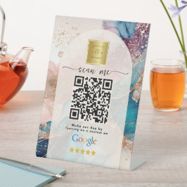 サーモンピンクのGoogleレビューQRコードペデスタルサイン 台座サイン