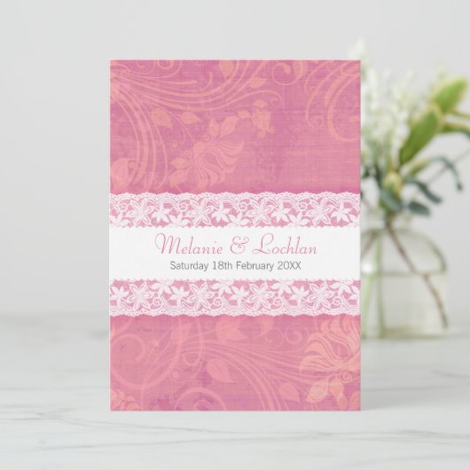 サーモンピンクホワイトレースフォーマル結婚式招待状 招待状 (スタンド正面)