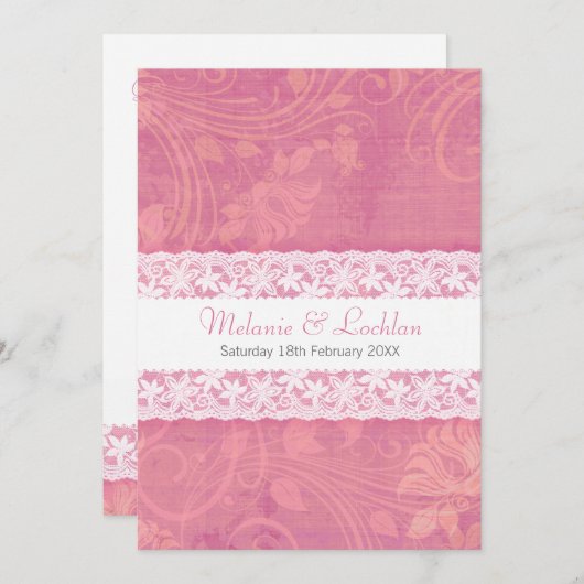 サーモンピンクホワイトレースフォーマル結婚式招待状 招待状 (正面/裏面)