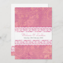 サーモンピンクホワイトレースフォーマル結婚式招待状
