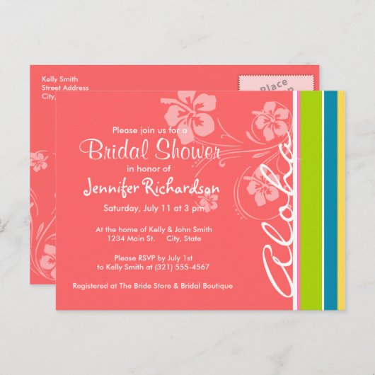 サーモンピンク及びSeafoamの緑のストライプの: アロハ インビテーションポストカード (正面/裏面)