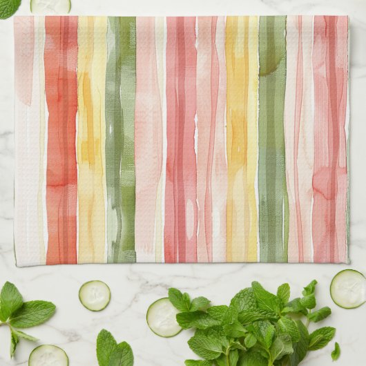 サーモンピンク オレンジ 黄色 緑 ストライプ キッチンタオル (折り畳み)