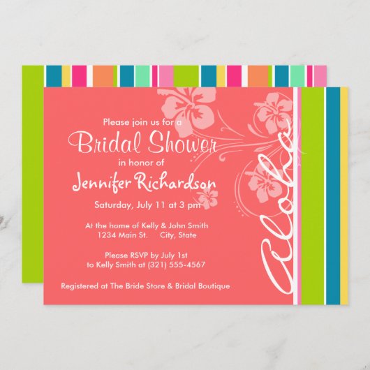サーモンピンク&シーホムグリーンストライプの:アロハ 招待状 (正面/裏面)
