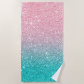 サーモンピンク&ターコイズグラデーションフェイクグリッター ビーチタオル (正面)
