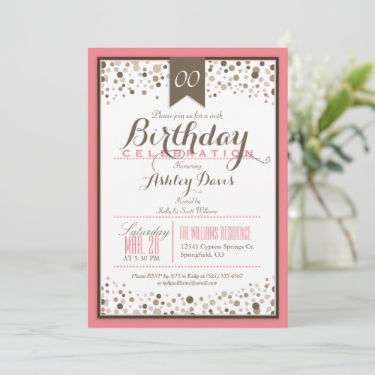 サーモンピンク、ホワイト、トープの誕生日モダンパーティー 招待状 (スタンド正面)