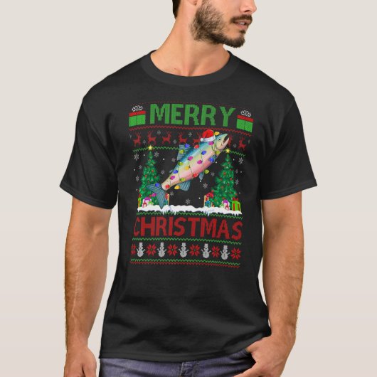サーモンフィッシュクリスマスツリー醜いサンタサーモンクリスマス Tシャツ (正面)