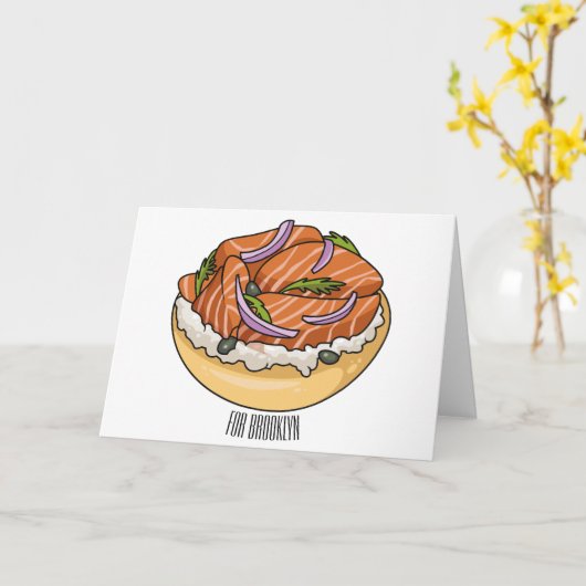 サーモンベーグル漫画イラストレーション カード (黄色い花)